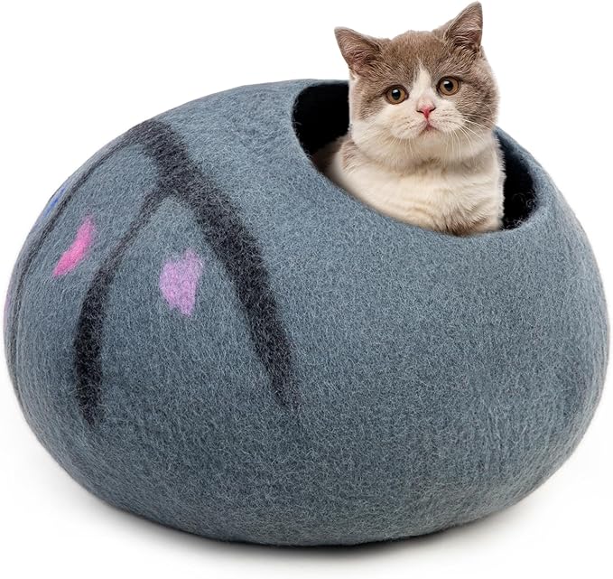 Woolygon Premium Felt Cat Cave Bed β Wool Kitty Beds Handcrafted Kitten Caves Bed for Indoor Cats - Made from 100% Eco-Friendly Merino Wool, Foldable Cat Hidewawy Covered Cat Houses (Enchanted Tree)