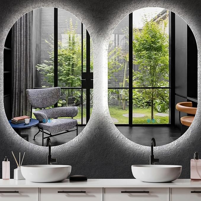 THEKLA 24 x 32 Inch Backlit Oval Lighted Vanity Mirror with Lights Smart Memory 3 Color Dimmable AntiFog 32" Frameless LED Oval Backlit Mirror for Bathroom Makeup Table Wall Vertical/Horizontal Mount