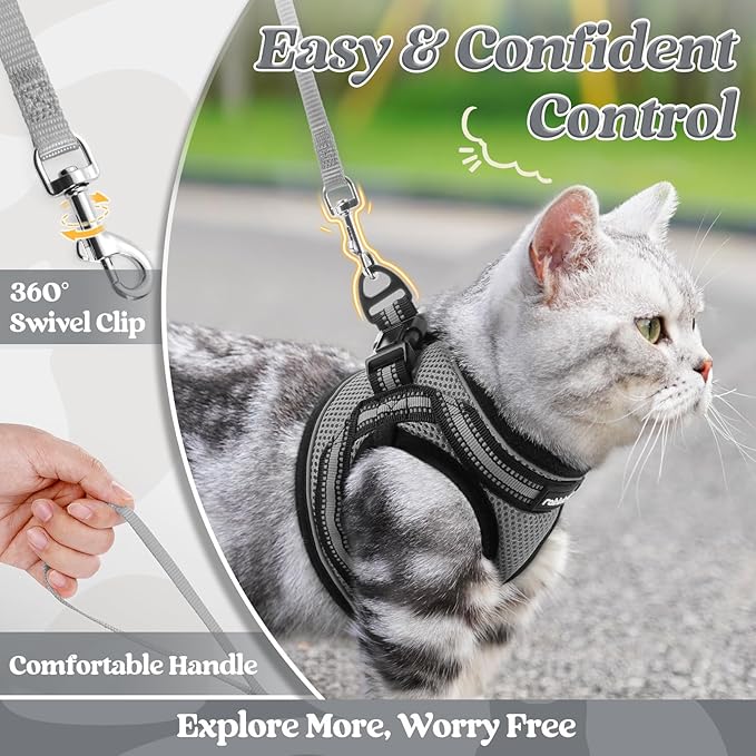 rabbitgoo Cat Harness and Leash Set for Walking Escape Proof, Adjustable Soft Kittens Vest with Reflective Strip for Cats, Comfortable Outdoor Vest, Grey, L