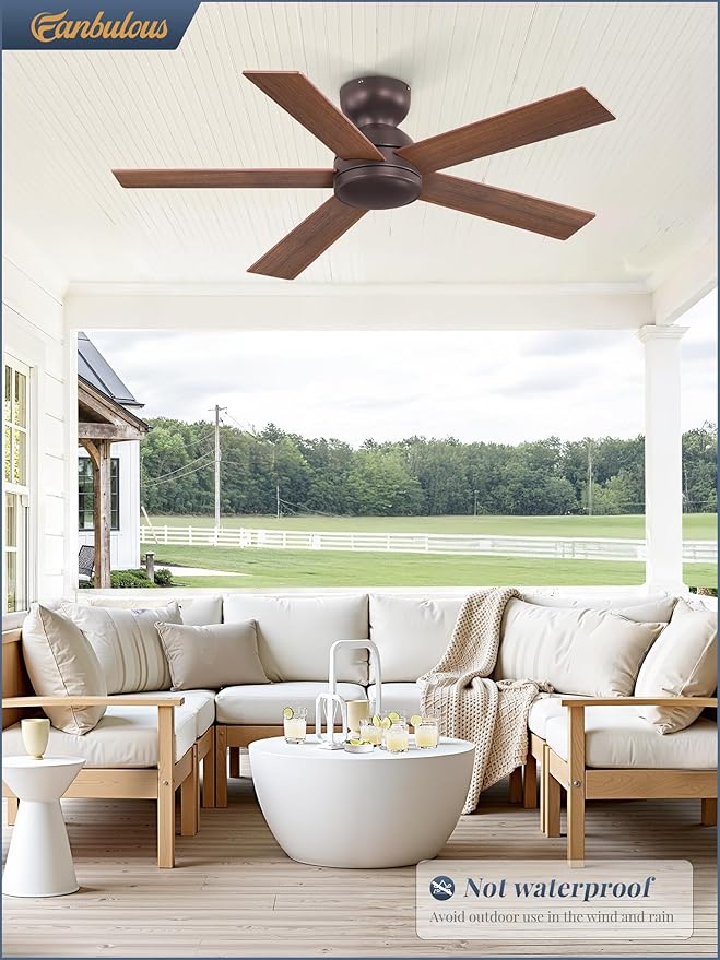 42 Inch Low Profile Ceiling Fan no Lights, Brown Farmhouse Ceiling Fan with Remote, 6-Speeds, Quiet Reversible DC Motor, Indoor/Outdoor Ceiling Fans with Remote for Bedroom, Patio, Living Room