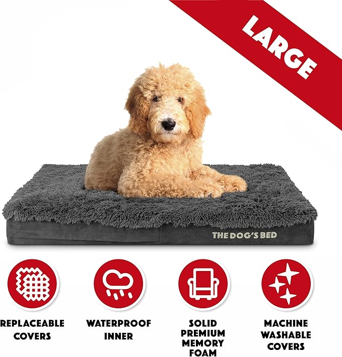 The Dog’s Bed Orthopedic Memory Foam Dog Bed, Large Grey Faux Fur 40x25, Pain Relief for Arthritis, Hip & Elbow Dysplasia, Post Surgery, Lameness, Supportive, Calming, Waterproof Cover