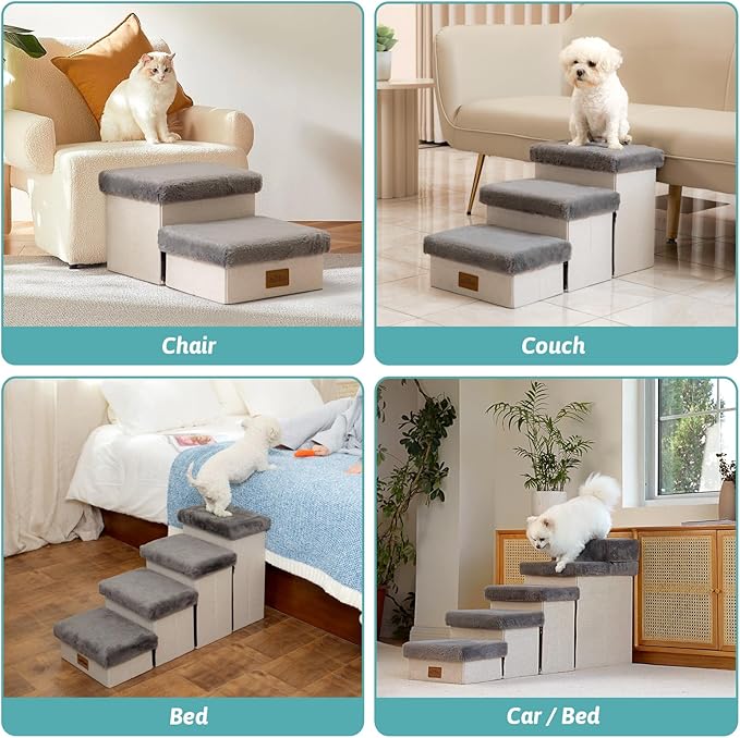 Pet Stair for Small Dogs with Storage, Foldable Dog Ramp with Soft Cover, Older Cat Steps for Chair Couch Sofa, Lightweight, Comfort, 19.7x13x9.6 inch, 2 Tiers, Grey