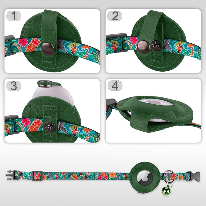 Airtag Cat Collar with Bell - Non Breakaway Soft Pet Collar with Leather Air Tag Holder - Adjustable GPS Anti-Lost Collars for Girl Boy Cats Kitten Puppies, Lightweight and Patterned (Hawaii)
