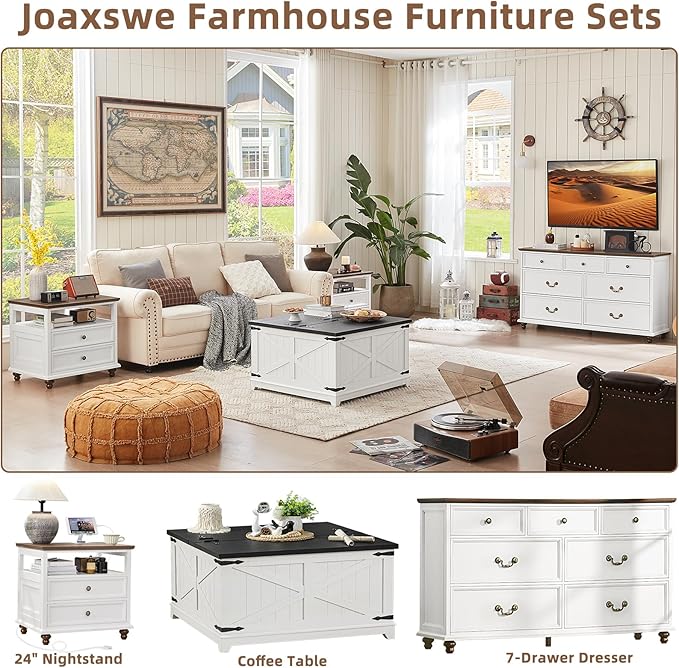 24" Wide Farmhouse Nightstand with Charging Station Set of 2,54" 7 Drawers Dresser, 37" Tall Rustic Chests of Drawers, Farmhouse Furniture Series for Bedroom,White