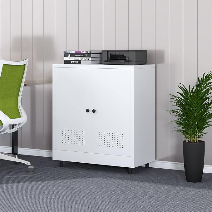 Metal Storage Cabinet with 2 Doors and Adjustable Shelf, Free Standing Accent Sideboard Buffet Cabinet for Home, Office, Entryway, Hallway, Living Room, Kitchen and Dining Room (White)