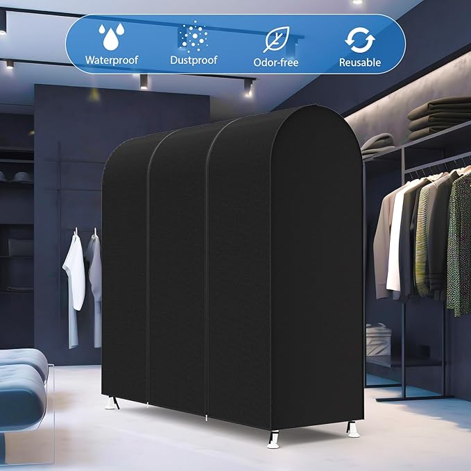 Zilink 60'' Garment Rack Cover Dustproof Clothes Rack Cover Breathable Garment Bags Protector Wardrobe Cover with 2 Durable Zippers for Garment Rack, Black, (Rack Not Included)