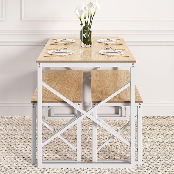 VECELO Kitchen Dining Table Benches Set for 4, 43.3" Wooden Dinette with 2 Benches, Heavy-Duty Dining Room Table for Small Space, Breakfast Nook, Natural Oak