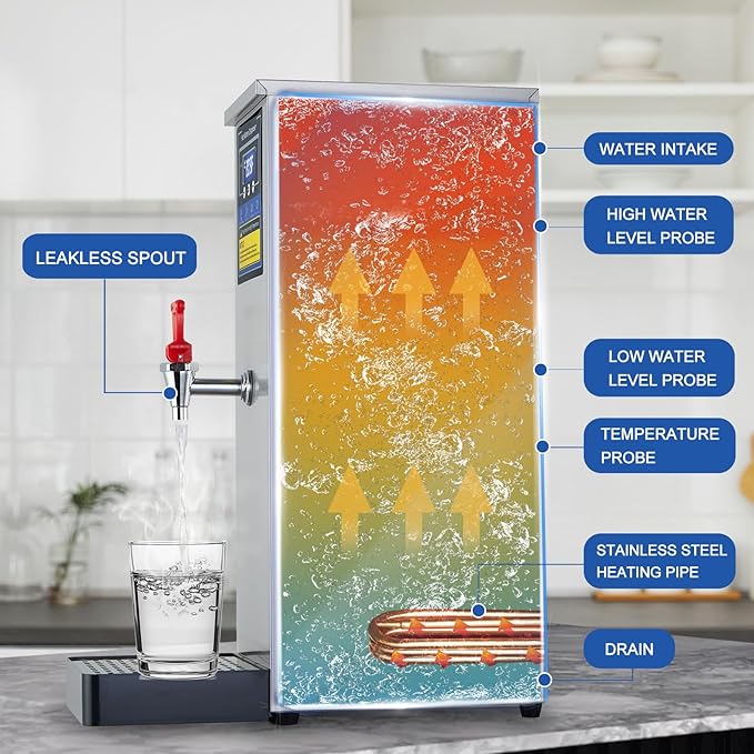 Hot Water Dispenser Commercial Water Boiler Electric Warmer Hot Water Machine Stainless Steel 30L(8GAL)/Hour Step-heating Temperature Control 86-212°F for Boba Tea Coffee Office Restaurant 1600W