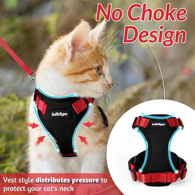 rabbitgoo Cat Harness and Leash for Walking, Escape Proof Soft Adjustable Vest Harnesses for Cats, Easy Control Breathable Reflective Strips Jacket, Black & Red, S