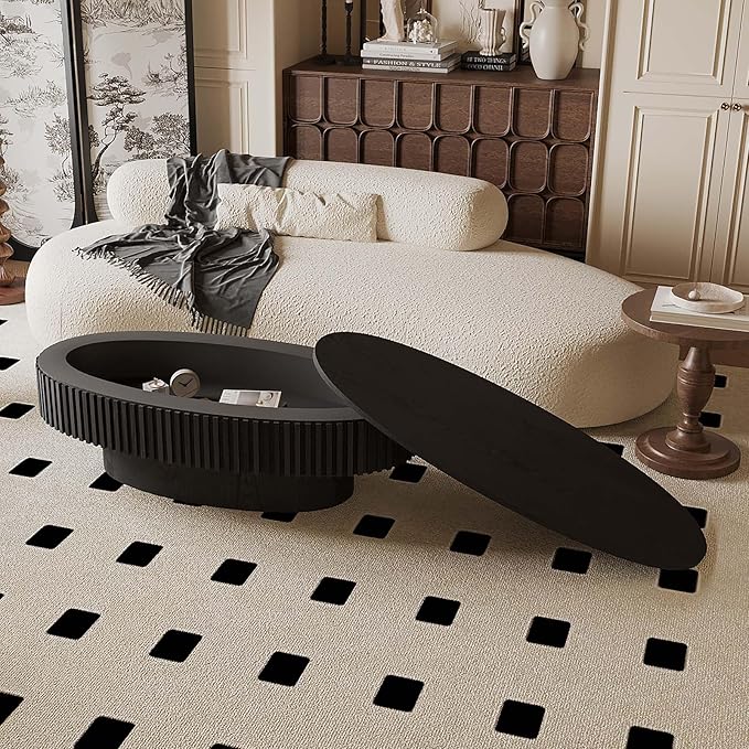 47.2" Oval Coffee Table with Storage, Fluted Coffee Table with Solid Wood Veneered, Mid Century Modern Wooden Center Table, Accent Tea Table for Living Room Apartment, Black