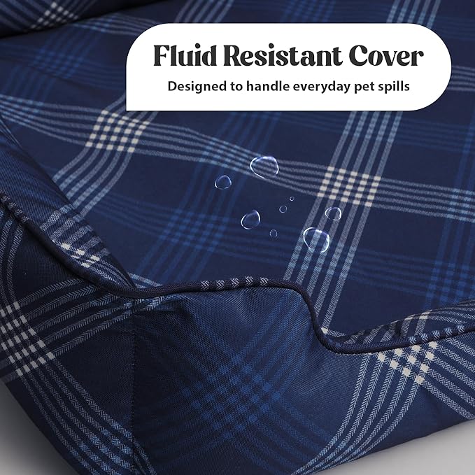 Orthopedic Bolster Dog Bed β CertiPUR-US Foam, Recycled Polyester Canvas, Washable Cover, Anti-Slip Bottom, Small, Navy Plaid β Stylish Designer Dog Sofa