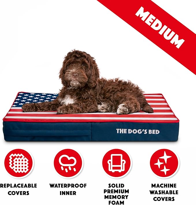 The Dog’s Bed Orthopedic Memory Foam Dog Bed, Medium Blue & Red Trim USA Center Flag 34x22, Pain Relief for Arthritis, Hip & Elbow Dysplasia, Post Surgery, Supportive, Calming, Waterproof Washable