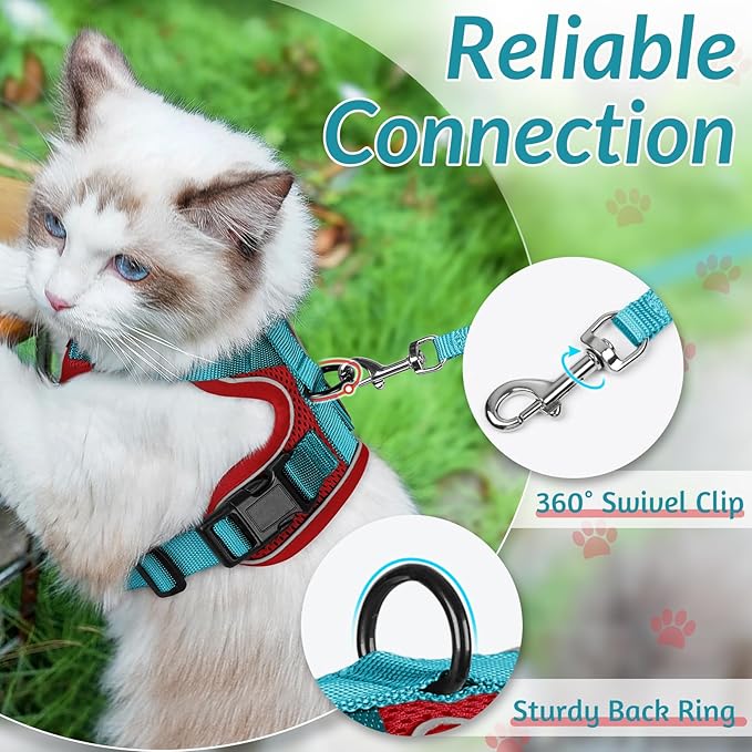 rabbitgoo Cat Harness and Leash for Walking, Escape Proof Soft Adjustable Vest Harnesses for Cats, Easy Control Breathable Reflective Strips Jacket, Red & Teal, M