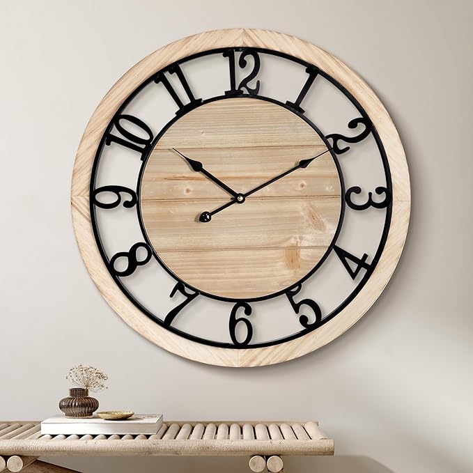 Maxstar 30'' Wall Clock for Living Room Decor, Silent Rustic Wooden Farmhouse Wall Clock with Metal & Real Wood Frame, Battery Operated, for Kitchen Bedroom Office, Arabic Numerals