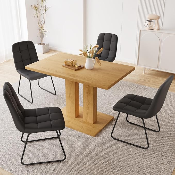 Dining Table Set for 4-6 People, 46 Inch Modern MDF Oak Kitchen Table with 4 Faux Leather Chairs, Rectangular Dining Room Table Set for Home, Small Spaces, Breakfast Nook (Oak Table + 4 Black Chairs)