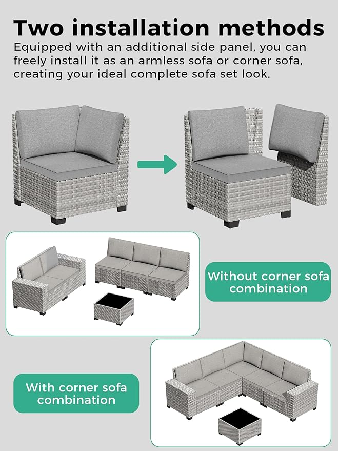 6 Piece Outdoor Wicker Patio Furniture Set,High Back Swivel Rocker Patio Chairs with 4" Thickened Cushions & Side Table, All-Weather PE Rattan for Garden, Backyard, Porch, Grey