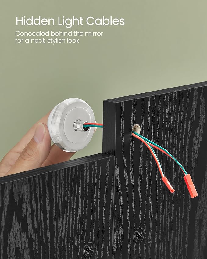 VASAGLE Vanity Desk with Mirror and LED Lights, Makeup Vanity with 6 Drawers, Vanity Table with 4 Open Shelves, 10 Dimmable LED Lights, for Bedroom, Dressing Room, Modern, Ebony Black URDT122B01