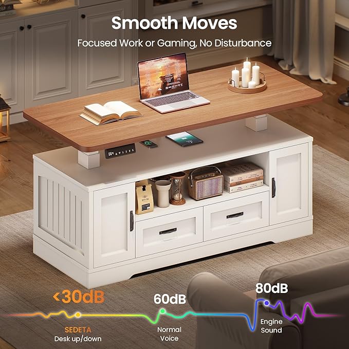 SEDETA 47.2" Electric Standing Coffee Table with Storage, Farmhouse Lift Top Coffee Table with Drawers and Open Shelves, Height Adjustable Tables with Power Outlet, for Living Room, White