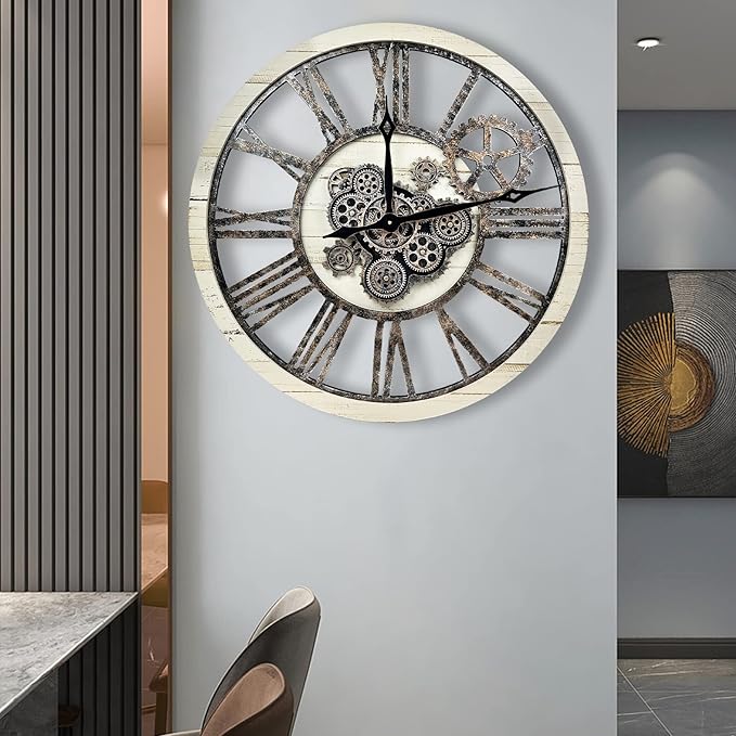 The B-Style Large Real Moving Gears Wall Clock 30 inch Rustic Retro Industrial Farmhouse Wood Clock Oversized Decorative Vintage Wall Clocks for Living Room (Desert Beige and Bronze)