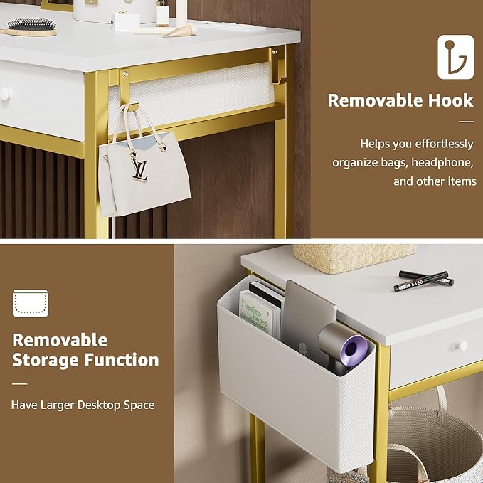 Girls Vanity Desk with Mirror and Lights Small Makeup Vanitys Set with Chair Fabric Drawers Power Outlet, Dressing Table Vanities for Kids Bedroom 40“ White and Gold