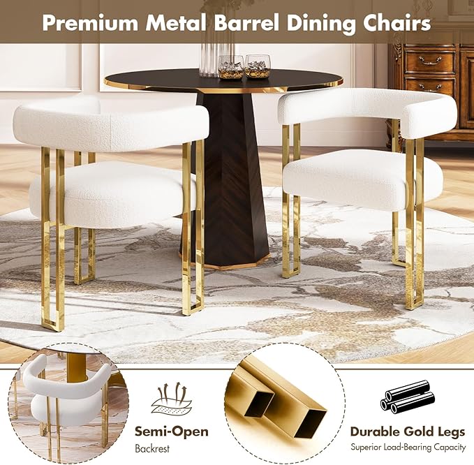 Set of 4 Modern White Boucle Dining Chairs with Gold Metal Legs, Mid Century Accent Upholstered Barrel Armchairs with Open-Back for Kitchen, Dining Room, Living Room, Apartment