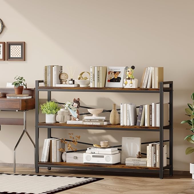 3 Tier Bookshelf 47.24" Width, Wood and Metal Etagere Bookcase, Vintage Farmhouse Modern Wooden Large Book Shelf for Home Living Room Bedroom Office Storage(Rustic Brown)