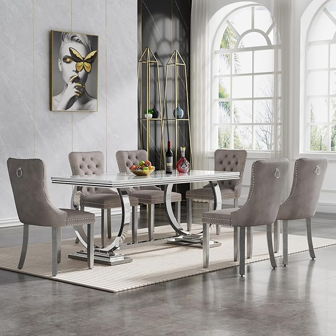 Goujxcy 68" Faux Marble Dining Table Set for 6, 7-Piece Dining Set with White Silver Kitchen Table and 6 Velvet Tufted Chairs, Modern Marble Dining Room Table with O-Shape Stainless Steel Base