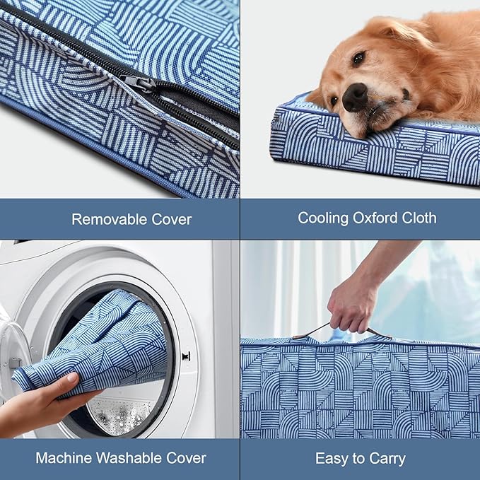 Outdoor Dog Bed for Medium/Small Dogs, Waterproof Dog Bed for Medium Dogs Cats, Orthopedic Egg Crate Foam Pet Bed with Washable Removable Oxford Cover, White Blue