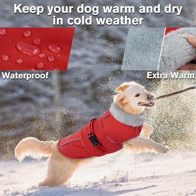 Lelepet Warm Dog Coat - Reflective Waterproof Fleece Vest with Adjustable Buckle Hook & Loop, Windproof Winter Jacket Dog Coats for Small Medium Large Dogs, Red, XL