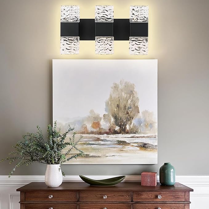 MELUCEE Modern LED Bathroom Lights Over Mirror 24W Dimmable Crystal Wall Sconce LED Vanity Light Bar 3 Lights Black Bathroom Wall Light Fixtures for Bath Powder Room, 3000K Warm Lighting