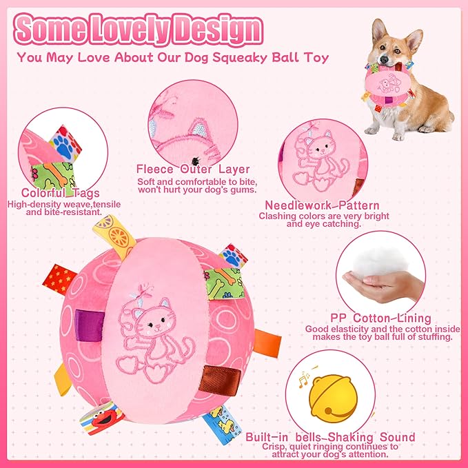 Dog Squeak Ball Toys with Tags, Interactive Dog Toys, Soft Stuffed Puppy Toys with Built-in Bell, Dog Chew Toys to Keep Them Busy for Small Medium Large Dogs - 6 Inches, Pink