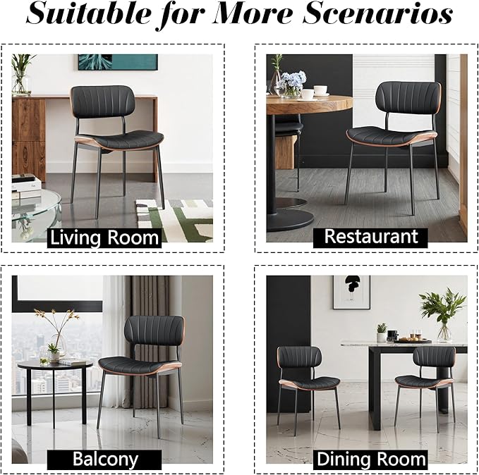 Modern PU Leather Dining Room Chairs Set of 4, Upholstered Kitchen Chairs with Walnut Bentwood Back and Metal Legs Adjustable Feet for Kitchen Dining Room(Balck)