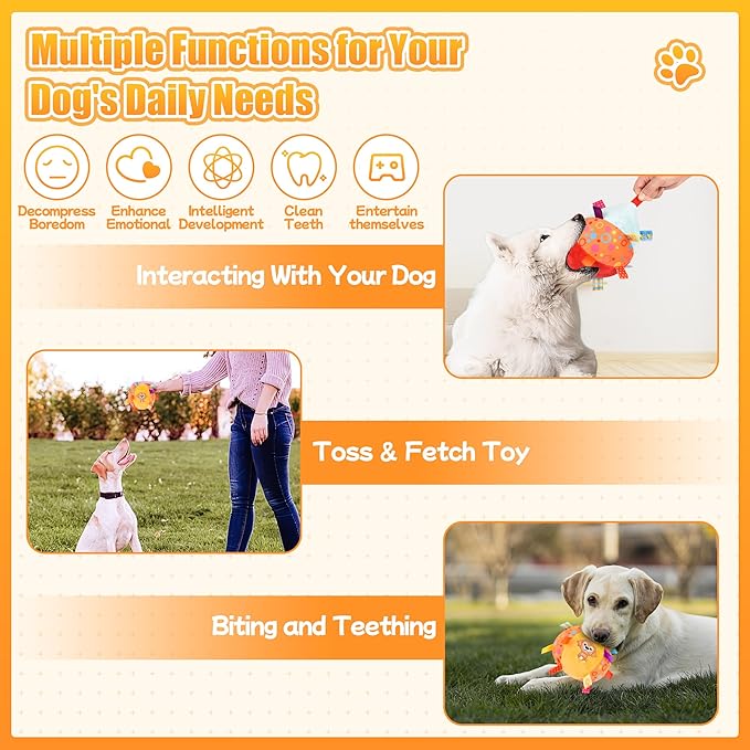 Dog Squeak Ball Toys with Tags, Interactive Dog Toys, Soft Stuffed Puppy Toys with Built-in Bell, Dog Chew Toys to Keep Them Busy for Small Medium Large Dogs - 6 Inches
