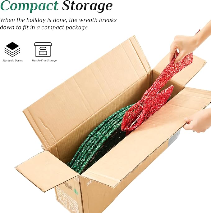 Sweetcrispy 48in Pre-Lit Christmas Wreath, LED Lighted Holiday Outdoor Decoration with Bow for Door, Mantel, Wall, Windows, Front Door Decor, Green Wreath - Red Bow