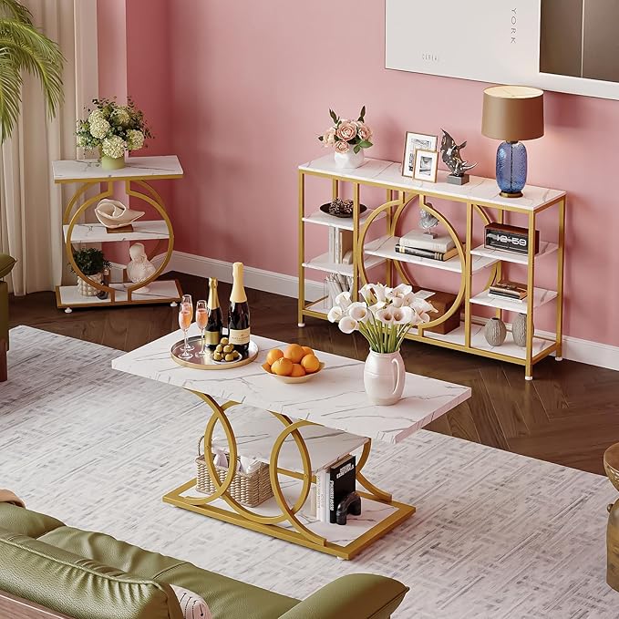 GiftGo 47" Industrial Console Tables for Entryway Rustic Sofa Table Behind Couch 4 Tier Wooden Shelves Entry Table with Storage for Foyer, Hallway, Front Door,Living Room (White Gold, 47")