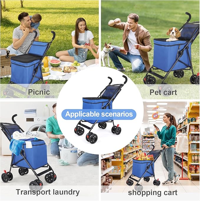 Wedyvko Pet Dog Stroller, 4 Wheel Foldable Cat Dog Stroller with Storage Basket, Handle 360° Front Wheel Rear Wheel with Brake for Small Medium Dogs & Cats (Blue)