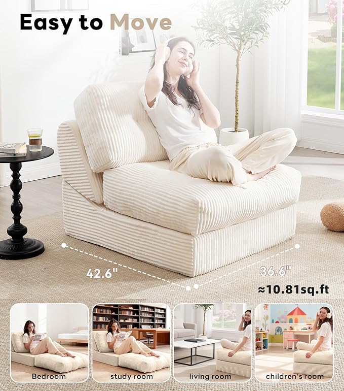 Tbfit 35.8‘’ Oversized Folding Sofa Bed, Convertible Sleeper Chair with Adjustable Back, Corduroy Folding Couch Bed, Portable & Foldable Mattress Boneless Floor Sofa for Living Room, Bedroom, White