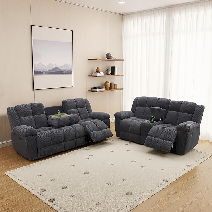 Manual Recliner Sofa Set,Fabric Reclining Couch Set,Modern Living Room Furniture Set,Reclining Sofa Couch Chair for Living Room Home Office (Dark Grey Upgraded Version, Sofa+Loveseat)