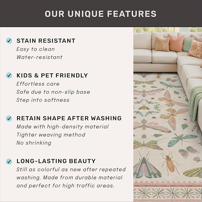 7x9 Cute Insect Rugs for Girls Bedroom - Pink and Blue Washable Floral Living Room Rugs, Dining Room Under Table, Insect Print Whimsical Indoor Décor, Low Pile & Soft