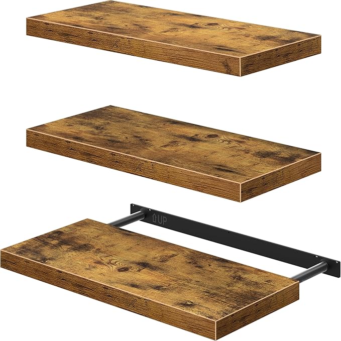 QEEIG 10" Deep Floating Shelves for Wall - 10 x 24 inch Book Shelf Bathroom Bedroom Kitchen Living Room Hanging Bookshelf Farmhouse Set of 3, Rustic Brown (025-60BN3)