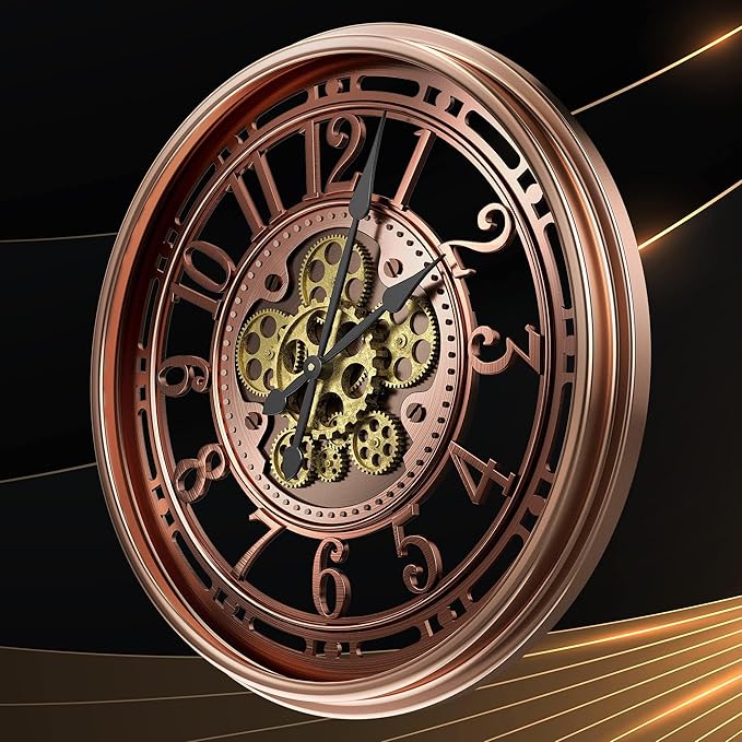 21 Inch Moving Gear Wall Clock for Modern Farmhouse Living Room Decor,Large Industrial Steampunk Wall Clock for Home Office,Metal Red Copper