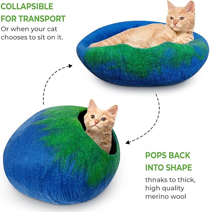 Woolygon Premium Felt Cat Cave Bed β Wool Kitty Beds Handcrafted Kitten Caves Bed for Indoor Cats - Made from 100% Eco-Friendly Merino Wool, Foldable Cat Hidewawy Covered Cat Houses (Emerald Indigo)