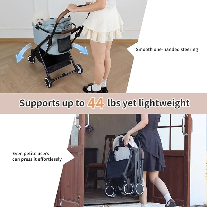 Pet Stroller for Small Dogs & Cats – Gravity Foldable 3 in 1 Dog Stroller with Lightweight Removable Carrier Holds up to 44 lbs & 180° Canopy with Storage Basket