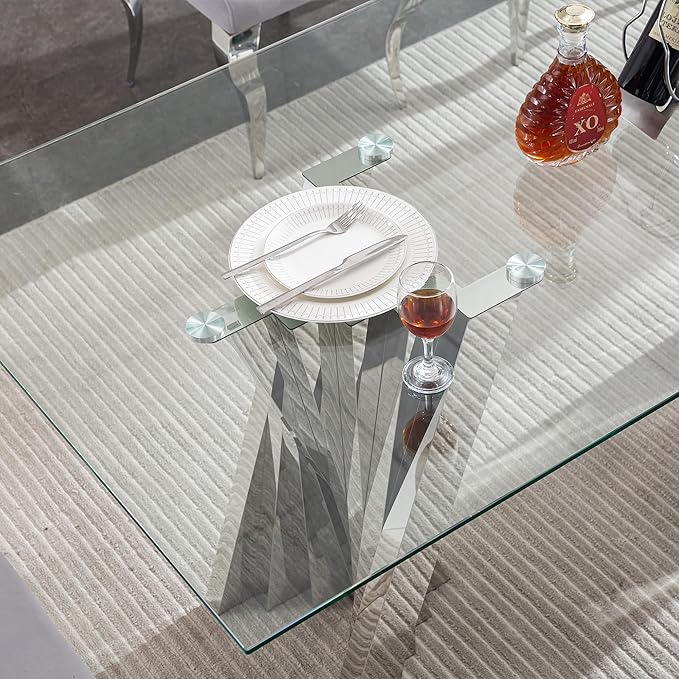 HomVent 70.08" Rectangular Clear Tempered Glass Dining Table,Stylish Design with Silver Stainless Steel Legs, Dining Table for Dining Room