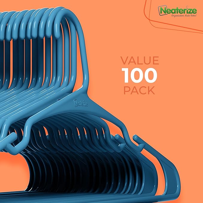 NEATERIZE Clothes Hangers Plastic 100 Pack for Adults - Plastic Hangers, The Perfect Coat Hanger and Space Saving Clothes Hangers for Closet, Percheros Ganchos para Colgar Ropa Hangars - Blue Hangers