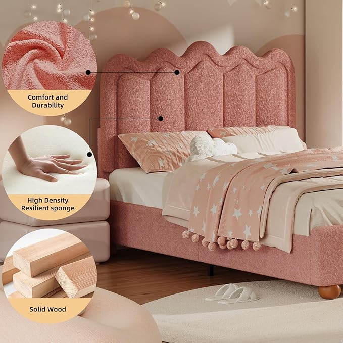 Twin Bed Frame with Headboard, Boucle Bed Frame, Soft Upholstered Platform Cloud Bedframe with Footboard, Solid Wood Legs, Solid Wooden Slats Support, No Box Spring Required, Easy Assembly