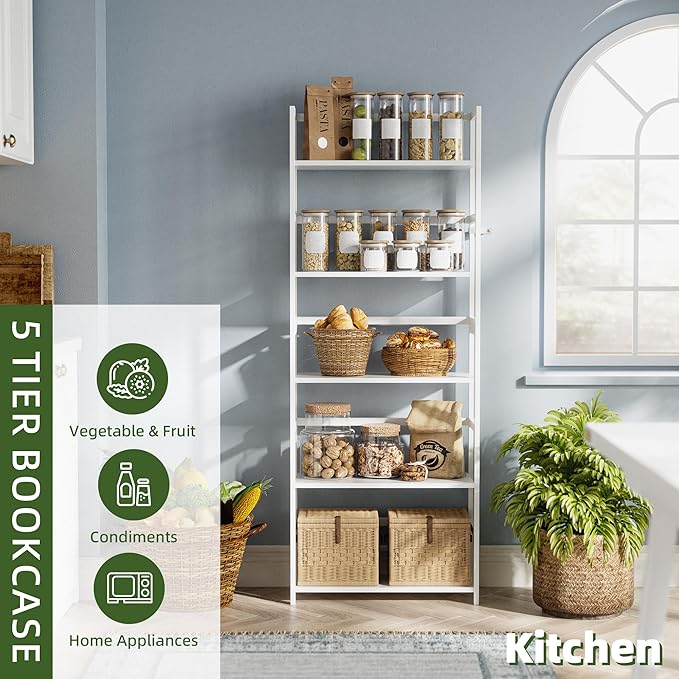 5-Tier Bookshelf, Industrial Bookcase with Bamboo Frame, Modern Display Standing Shelf Unit, Tall Wood Storage Organizer for Living Room, Home Office, White