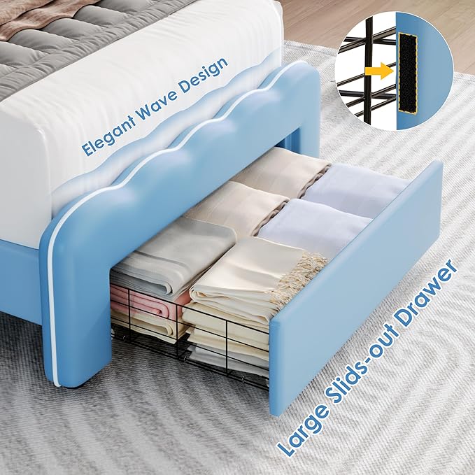 HOSTACK Twin Upholstered LED Bed Frame with Storage Drawers, Cute Boys Bed with Adjustable Lotus Headboard, Faux Leather Platform Bed Frame, Wooden Slats Support, No Box Spring Needed, Blue/White