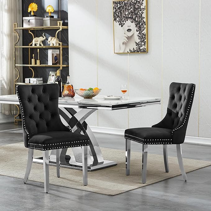 Goujxcy 68" Faux Marble Dining Table Set for 6, 7-Piece Dining Set with White Silver Kitchen Table and 6 Velvet Tufted Chairs, Modern Rectangular Dining Room Table with X-Shape Stainless Steel Base