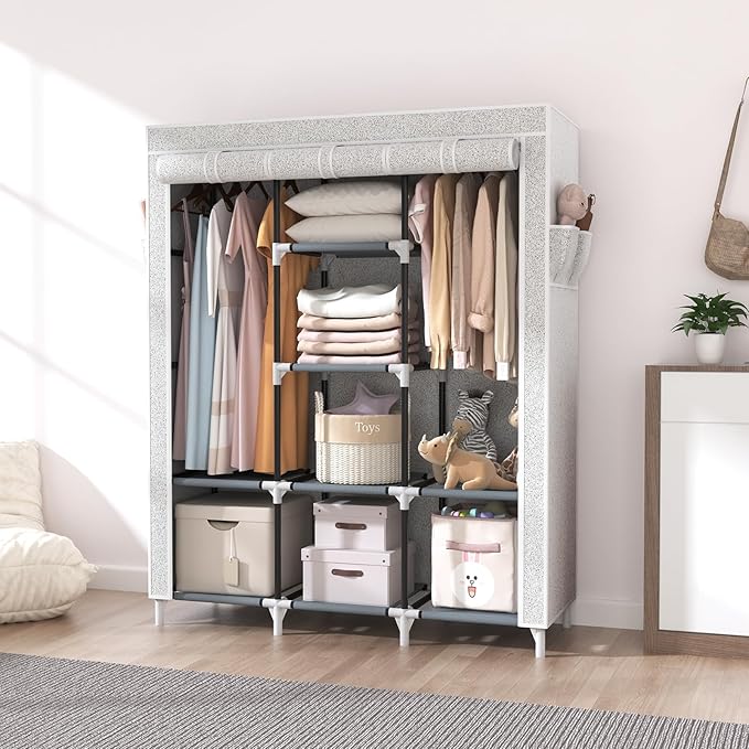 VTRIN Portable Closet Wardrobe for Hanging Clothes with 2 Hanging Rods and 8 Storage Organizer Shelves,Free Standing Clothes Rack with Cover Sturdy Large Wardrobe Closet for Bedroom,Printing